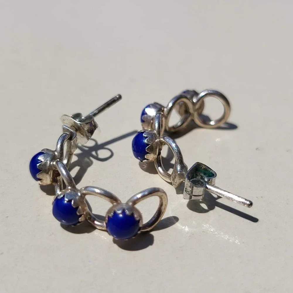 Vintage 925 Sterling Silver Lapis Lazuli J-Hoop Earrings Blue Cabochon Small